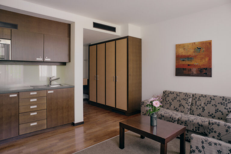 Gemütliches Zimmer: gemustertes Sofa, Kleiderschrank, Küchenzeile, Couchtisch, Kunst.