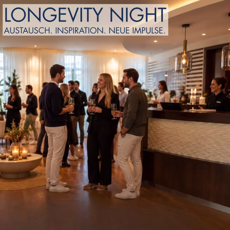 LongevityNightEvent_Hamburg zeigt Geschäftsleute, die bei Kerzenschein und inmitten von Pflanzen Kontakte knüpfen und über Hotels für Hunde diskutieren.