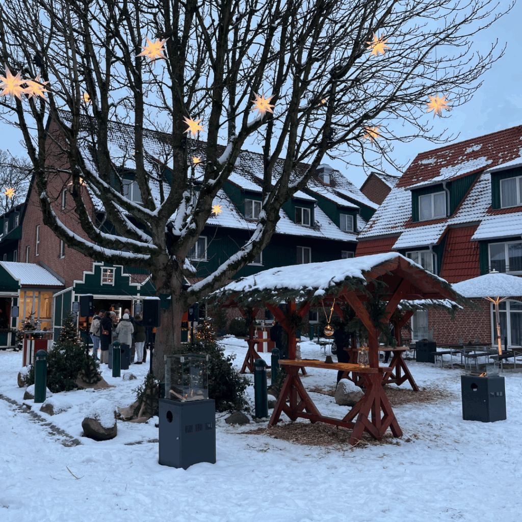 Snowy-weihnachtsbrunch-courty zeigt Picknicktische, einen geschmückten Baum, verschneite Dächer und Menschen in der Nähe einer grünen Struktur.