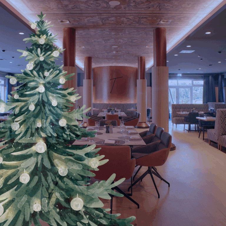 Weihnachtsbaum-weihnachtsbrunch-modern-restaurant zeigt einen weiß geschmückten Weihnachtsbaum in einem festlichen, modernen Speiseraum.